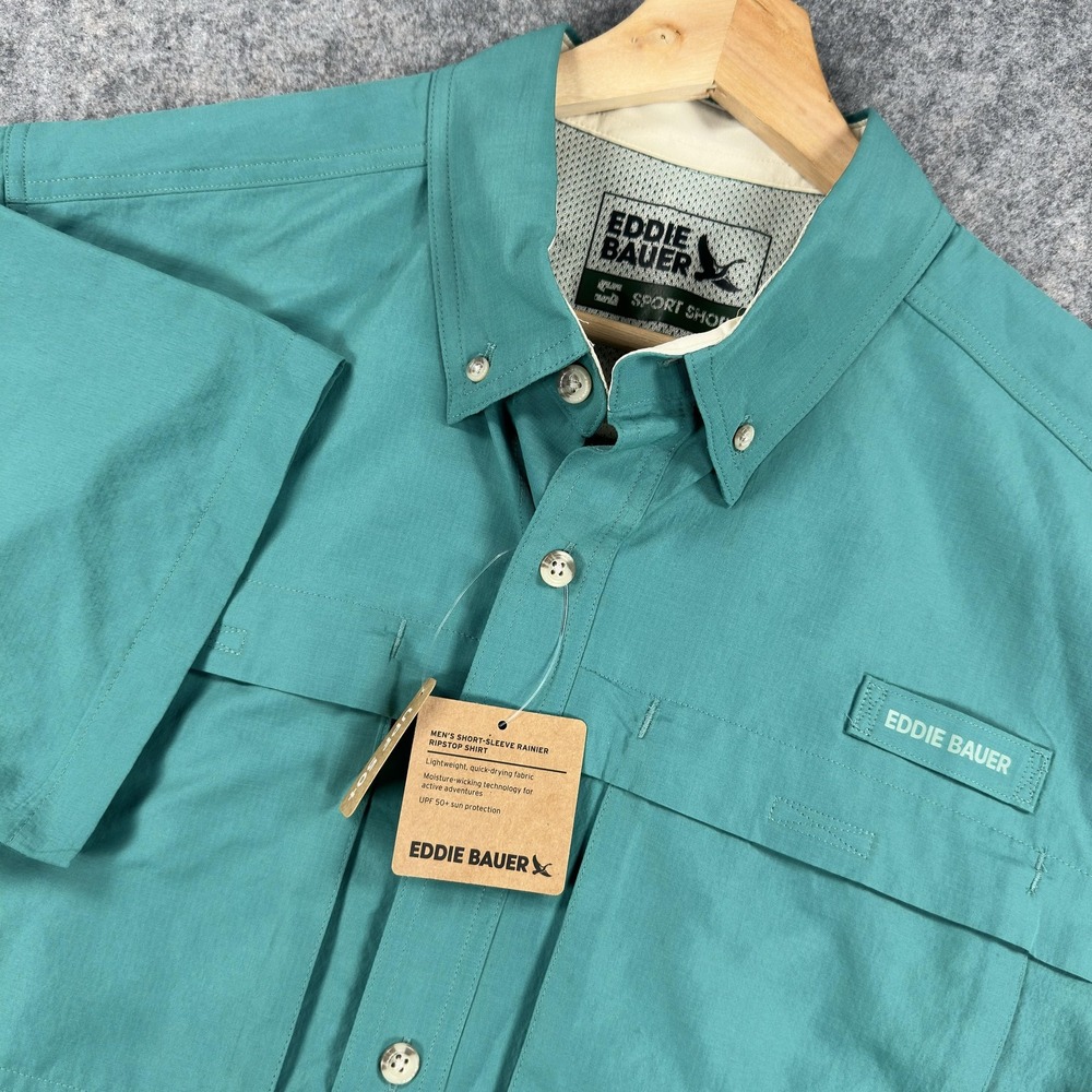 Eddie Bauer Rainier Ripstop Shirt Mens Medium Green Short Sleeve Fishing UPF 50+